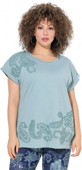 Ulla Popken Textured Paisley Motif Cap Sleeve Tee Light Moss Green - Trykte T-shirts til kvinder - 