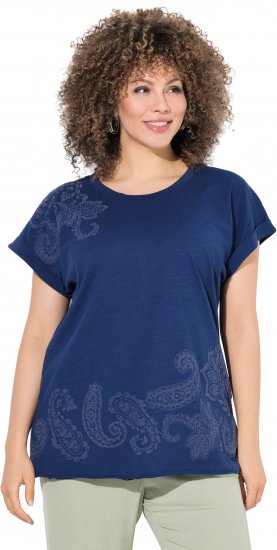 Ulla Popken Textured Paisley Motif Cap Sleeve Tee Navy - Trykte T-shirts til kvinder - Printede T-shirts til Damer