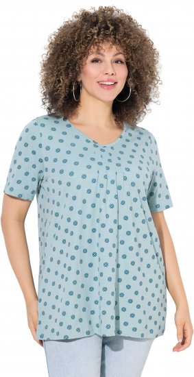 Ulla Popken Tile Print Short Sleeve Pleated Tee Light Moss Green - Trykte T-shirts til kvinder - Printede T-shirts til Damer