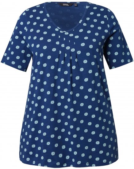 Ulla Popken Tile Print Short Sleeve Pleated Tee Dark Blue - Trykte T-shirts til kvinder - Printede T-shirts til Damer