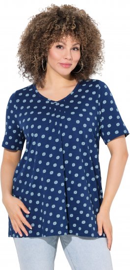 Ulla Popken Tile Print Short Sleeve Pleated Tee Dark Blue - Trykte T-shirts til kvinder - Printede T-shirts til Damer