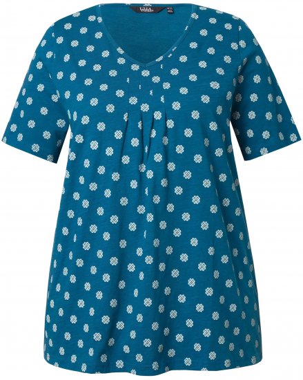 Ulla Popken Tile Print Short Sleeve Pleated Tee Teal - Trykte T-shirts til kvinder - Printede T-shirts til Damer