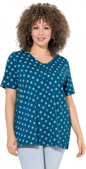 Ulla Popken Tile Print Short Sleeve Pleated Tee Teal - Trykte T-shirts til kvinder - Printede T-shirts til Damer