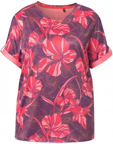 Ulla Popken Quick Drying Flower Print Short Sleeve Tee Dark Cherry - Trykte T-shirts til kvinder - 