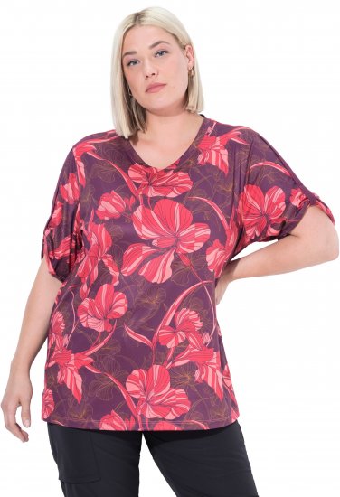 Ulla Popken Quick Drying Flower Print Short Sleeve Tee Dark Cherry - Trykte T-shirts til kvinder - 