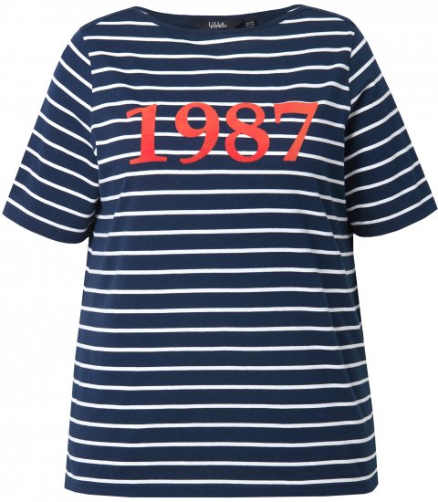 Ulla Popken Striped 1987 Boat Neck Tee Navy Blue - Trykte T-shirts til kvinder - 