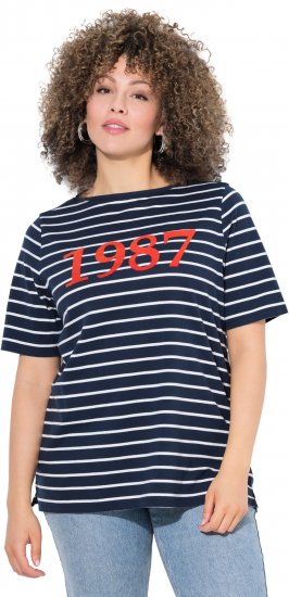 Ulla Popken Striped 1987 Boat Neck Tee Navy Blue - Trykte T-shirts til kvinder - 