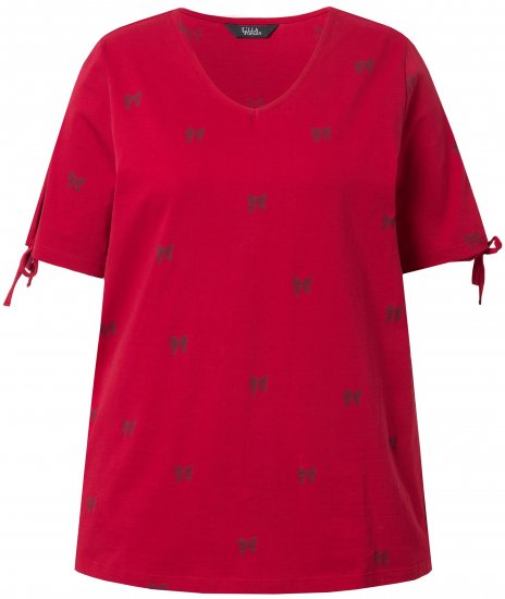 Ulla Popken Bow Print Split Sleeve Tee Ruby Red - Trykte T-shirts til kvinder - 