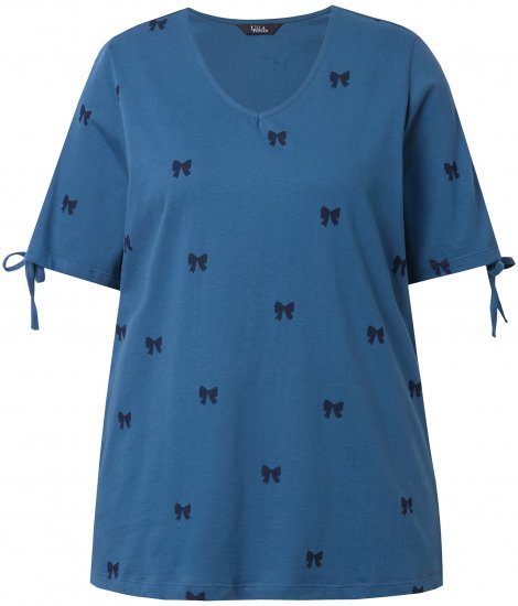 Ulla Popken Bow Print Split Sleeve Tee Indigo Denim - Trykte T-shirts til kvinder - 