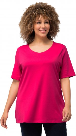 Ulla Popken Double Layer Rounded V-Neck Slim Fit Tee Magenta Pink - T-shirts - 