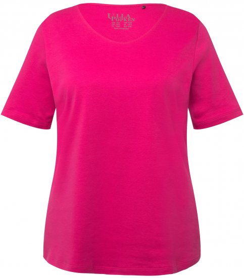 Ulla Popken Double Layer Rounded V-Neck Slim Fit Tee Fuchsia Pink - T-shirts - 