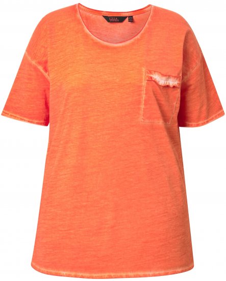 Ulla Popken Cold Dye Ruffle Edge Pocket Tee Coral Pink - T-shirts - T-shirts til kvinder