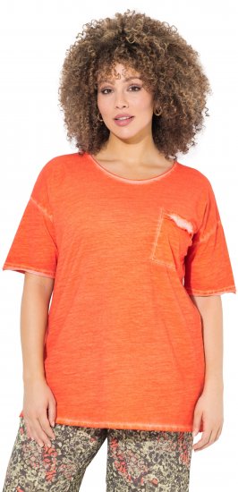 Ulla Popken Cold Dye Ruffle Edge Pocket Tee Coral Pink - T-shirts - T-shirts til kvinder