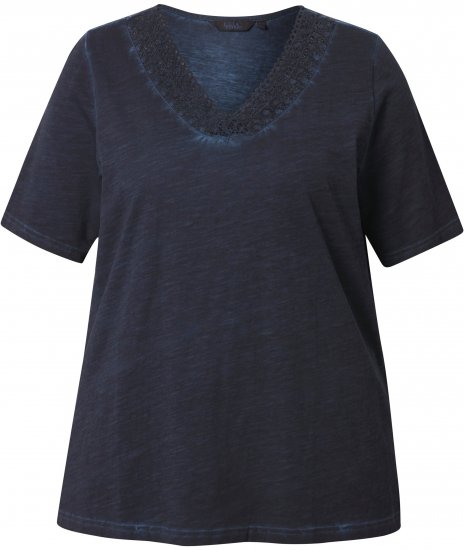 Ulla Popken Lace Trim Short Sleeve Tee Navy Blue - T-shirts - T-shirts til kvinder