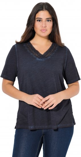 Ulla Popken Lace Trim Short Sleeve Tee Navy Blue - T-shirts - T-shirts til kvinder
