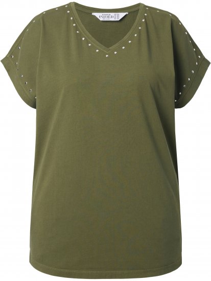 Ulla Popken Oversized studded Acid-washed V-Neck T-shirt Palm Green - T-shirts - 