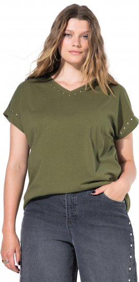 Ulla Popken Oversized studded Acid-washed V-Neck T-shirt Palm Green - T-shirts - 