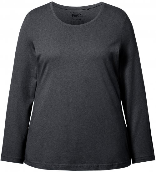 Ulla Popken Basic Round Neck Long Sleeve Slim Fit Cotton Tee Charcoal - T-shirts - T-shirts til kvinder