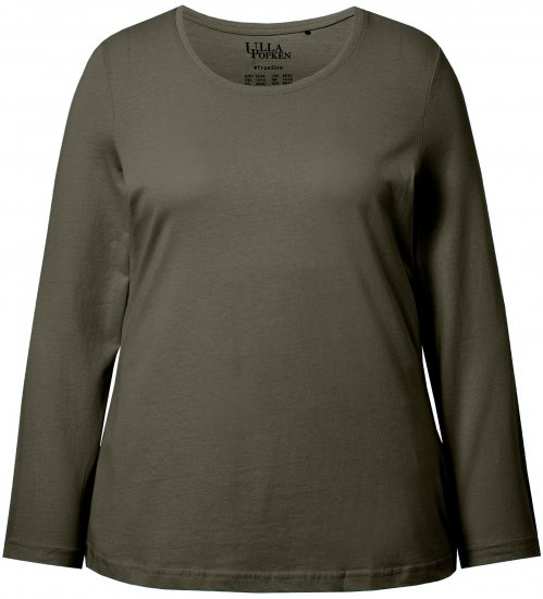 Ulla Popken Basic Round Neck Long Sleeve Slim Fit Cotton Tee Olive - T-shirts - T-shirts til kvinder