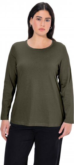 Ulla Popken Basic Round Neck Long Sleeve Slim Fit Cotton Tee Olive - T-shirts - T-shirts til kvinder