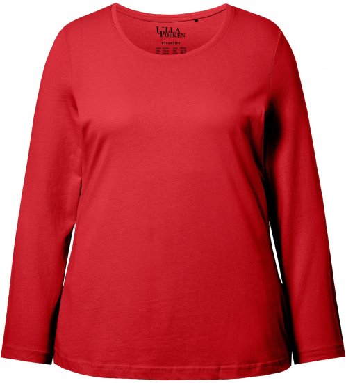 Ulla Popken Basic Round Neck Long Sleeve Slim Fit Cotton Tee Salsa Red - T-shirts - T-shirts til kvinder