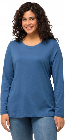 Ulla Popken Basic Round Neck Long Sleeve Slim Fit Cotton Tee Blue Denim - T-shirts - T-shirts til kvinder
