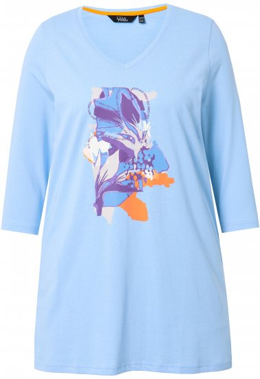 Ulla Popken Floral Motif 3/4 Sleeve Tunic Tee Light Blue - Trykte T-shirts til kvinder - 