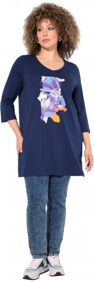 Ulla Popken Floral Motif 3/4 Sleeve Tunic Tee Ink Blue - Trykte T-shirts til kvinder - 
