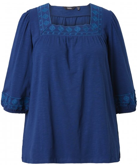 Ulla Popken Embroidered Detail 3/4 Sleeve Tee Dark Blue - Trykte T-shirts til kvinder - 