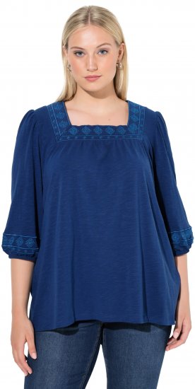Ulla Popken Embroidered Detail 3/4 Sleeve Tee Dark Blue - Trykte T-shirts til kvinder - 