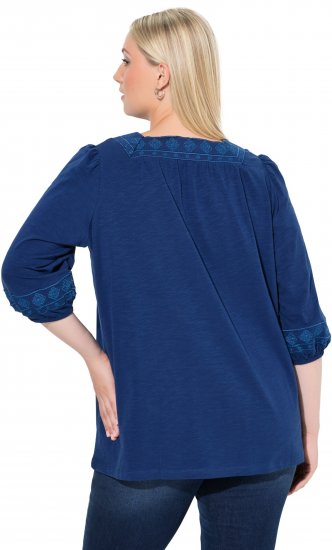 Ulla Popken Embroidered Detail 3/4 Sleeve Tee Dark Blue - Trykte T-shirts til kvinder - 