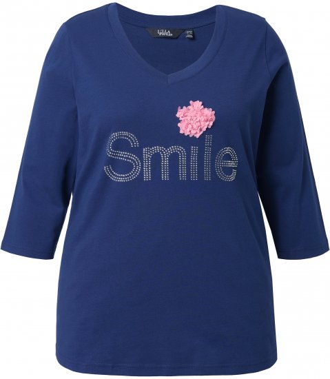 Ulla Popken Smile Rhinestone 3/4 Sleeve Graphic Tee Ink Blue - Trykte T-shirts til kvinder - Printede T-shirts til Damer