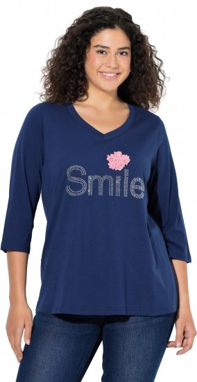 Ulla Popken Smile Rhinestone 3/4 Sleeve Graphic Tee Ink Blue - Trykte T-shirts til kvinder - Printede T-shirts til Damer