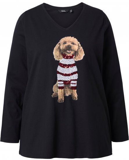 Ulla Popken Sequined Puppy Long Sleeve Graphic Tee Black - Trykte T-shirts til kvinder - Printede T-shirts til Damer