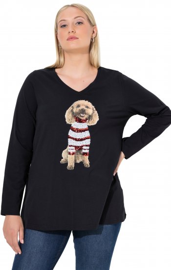 Ulla Popken Sequined Puppy Long Sleeve Graphic Tee Black - Trykte T-shirts til kvinder - Printede T-shirts til Damer