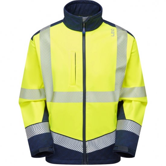 Leo Bowden Ecoviz Softshell Jacket Hi-Vis Yellow/Navy Print - Arbejdstøj - Arbejdstøj i store størrelser