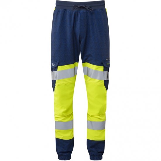 Leo Hawkridge Ecoviz High Performance 4X Stretch Trouser Hi-Vis Yellow/Navy Print - Arbejdstøj - Arbejdstøj i store størrelser