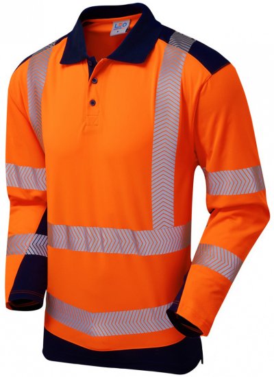 Leo Wringcliff Coolviz Plus L/S Polo Hi-Vis Orange/Navy - Arbejdstøj - Arbejdstøj i store størrelser